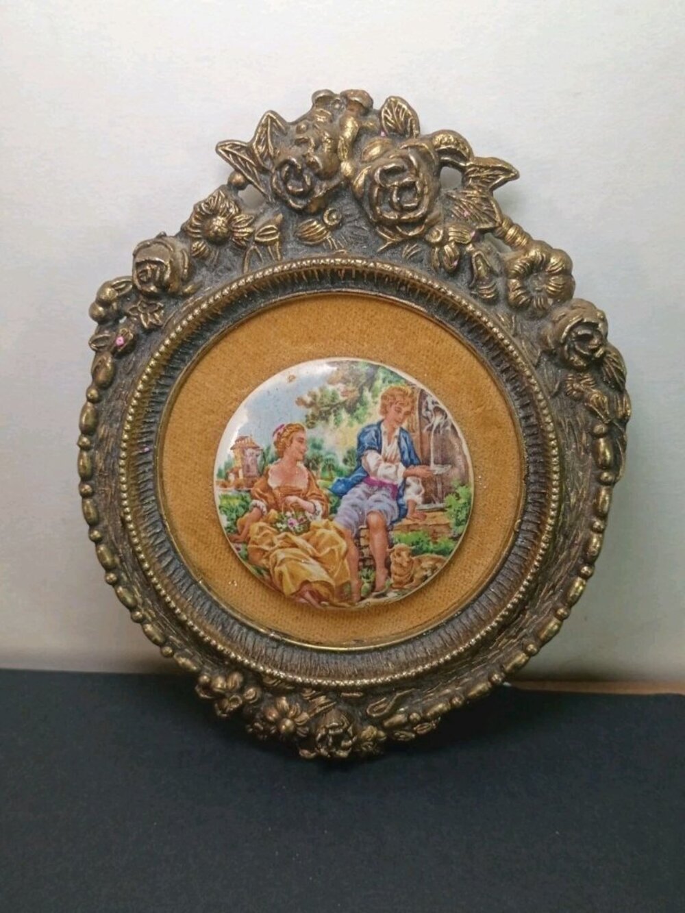 Antique Vtg Fragonard Couple Porcelain Medallion Framed Limoges Art Nouveau